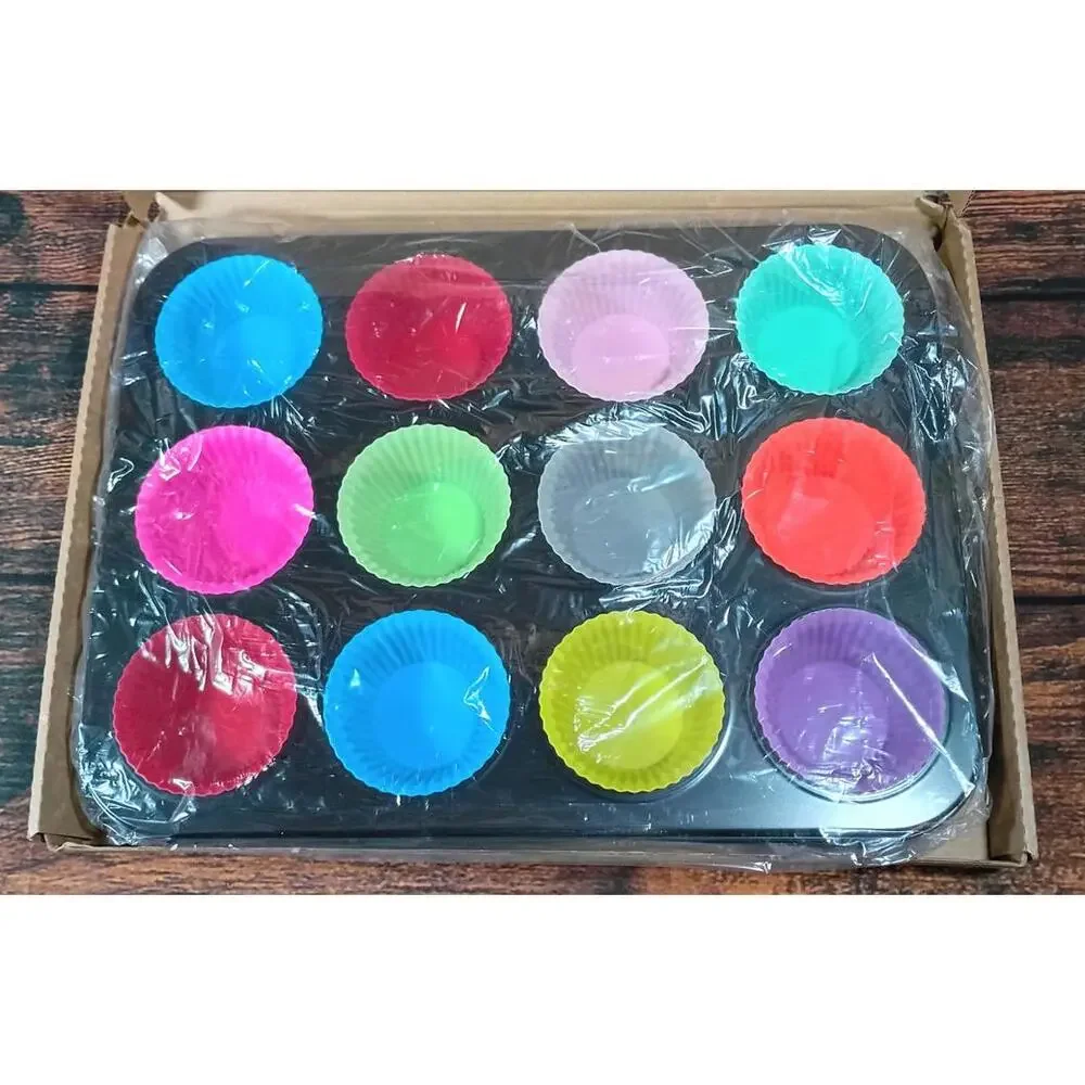 Non-Stick Steel Cupcake and Muffin Baking Pan with Colorful Silicone Baking Cups